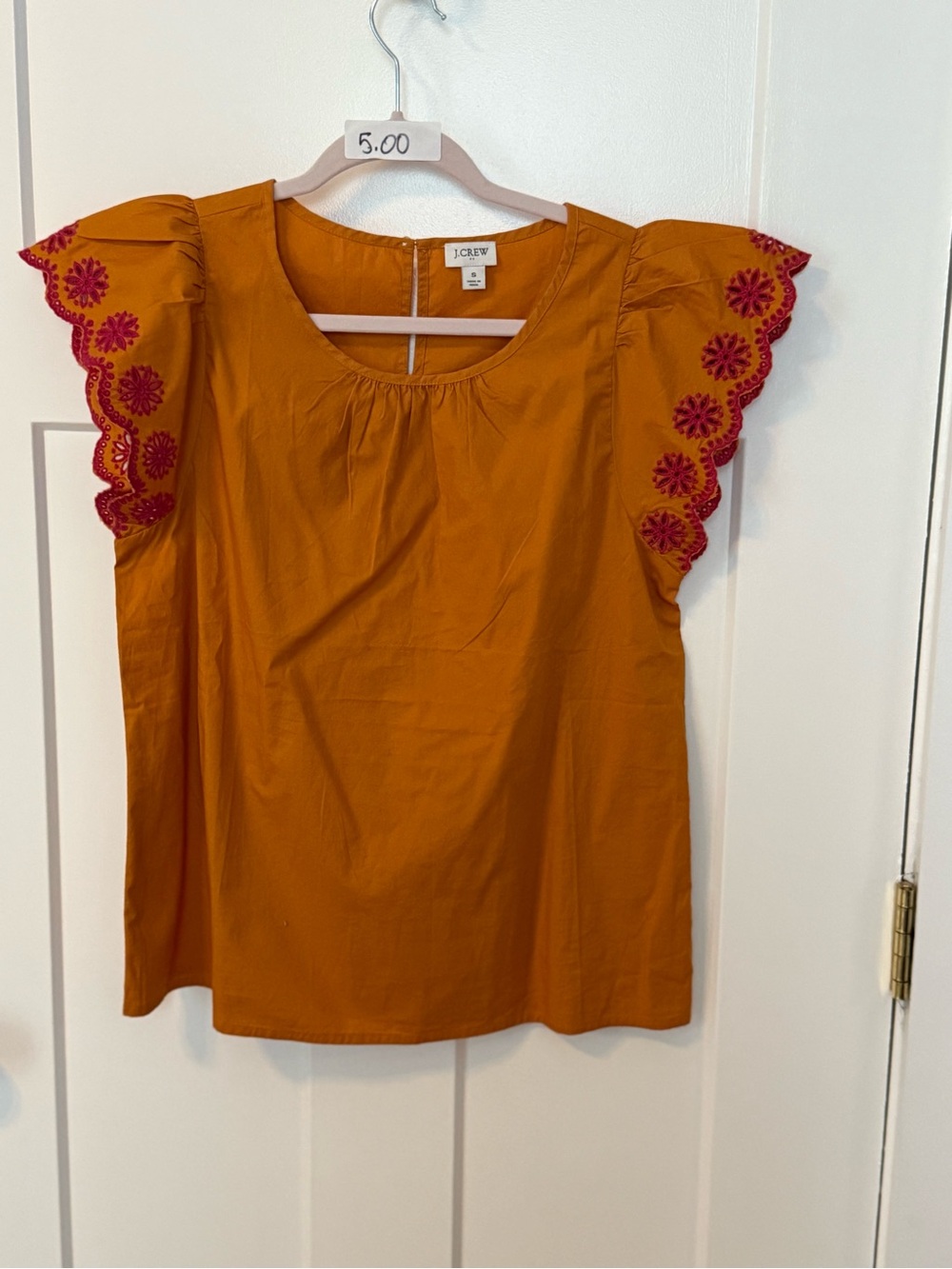 J. Crew Mustard Sleeveless Top with Pink Scallop Embroidery